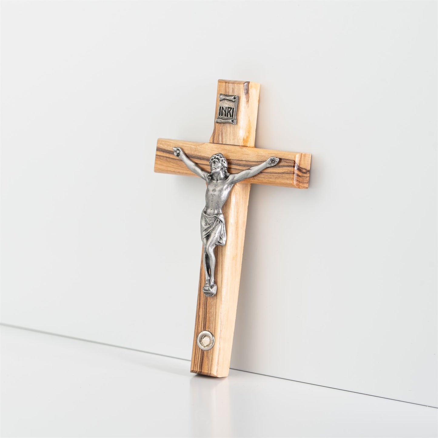 5" Olive Wood Crucifix with Bethlehem Stone and Pewter Corpus