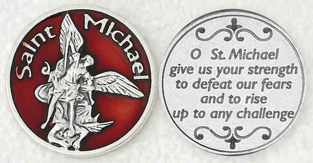 Red Enameled St. Michael with Prayer Italian Style Pocket Coin