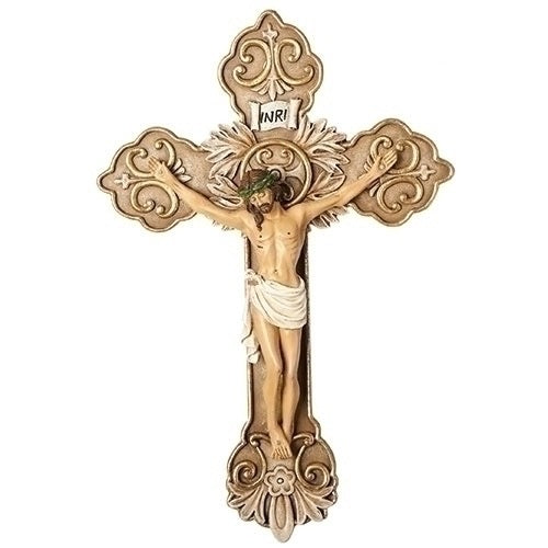 10-Inch Ornate Wall Crucifix with Fleur-de-Lis – Brown with Gold Edges