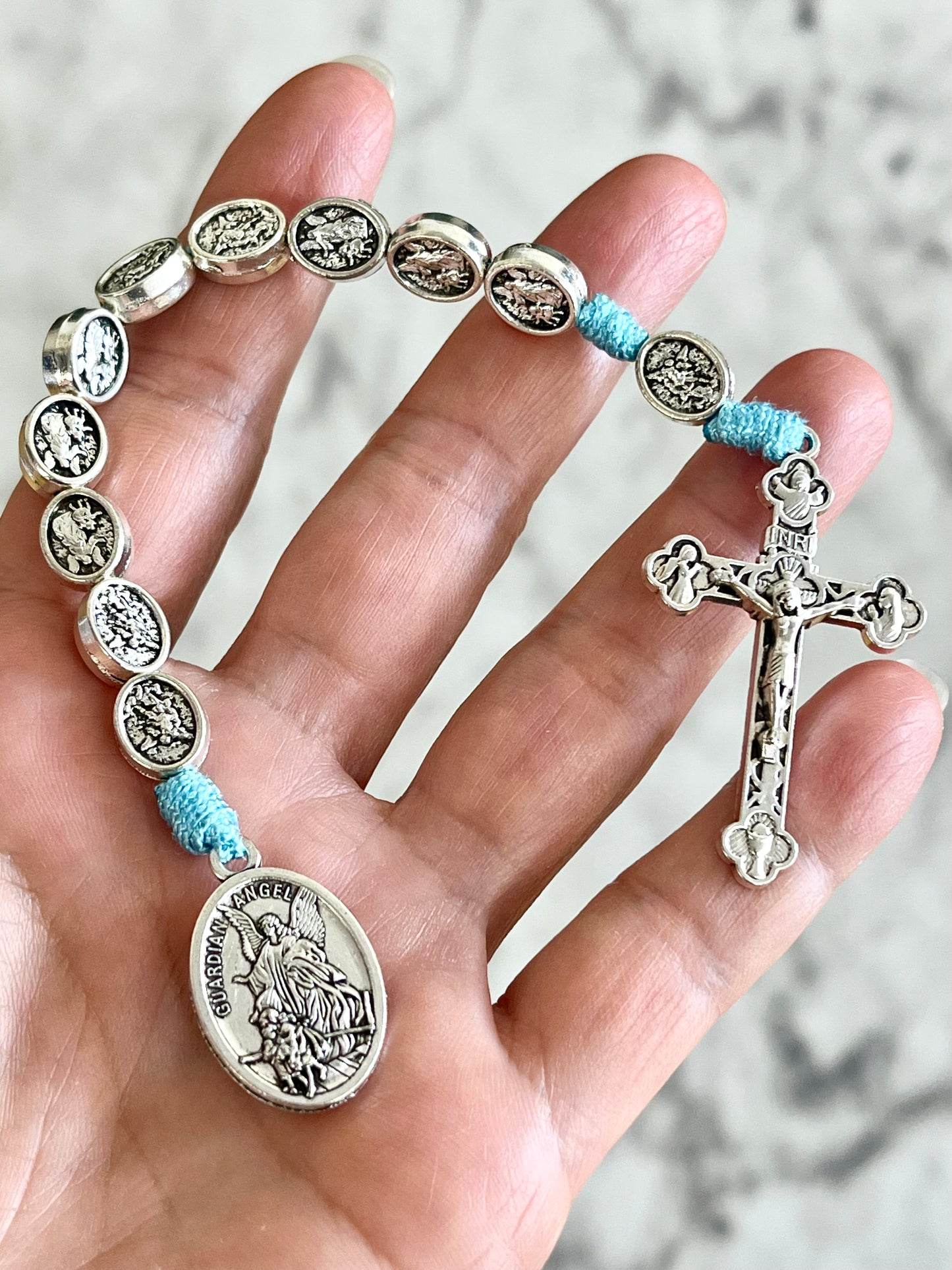 Guardian Angel St. Michael One Decade Small Medal Rosary with Light Blue Cord