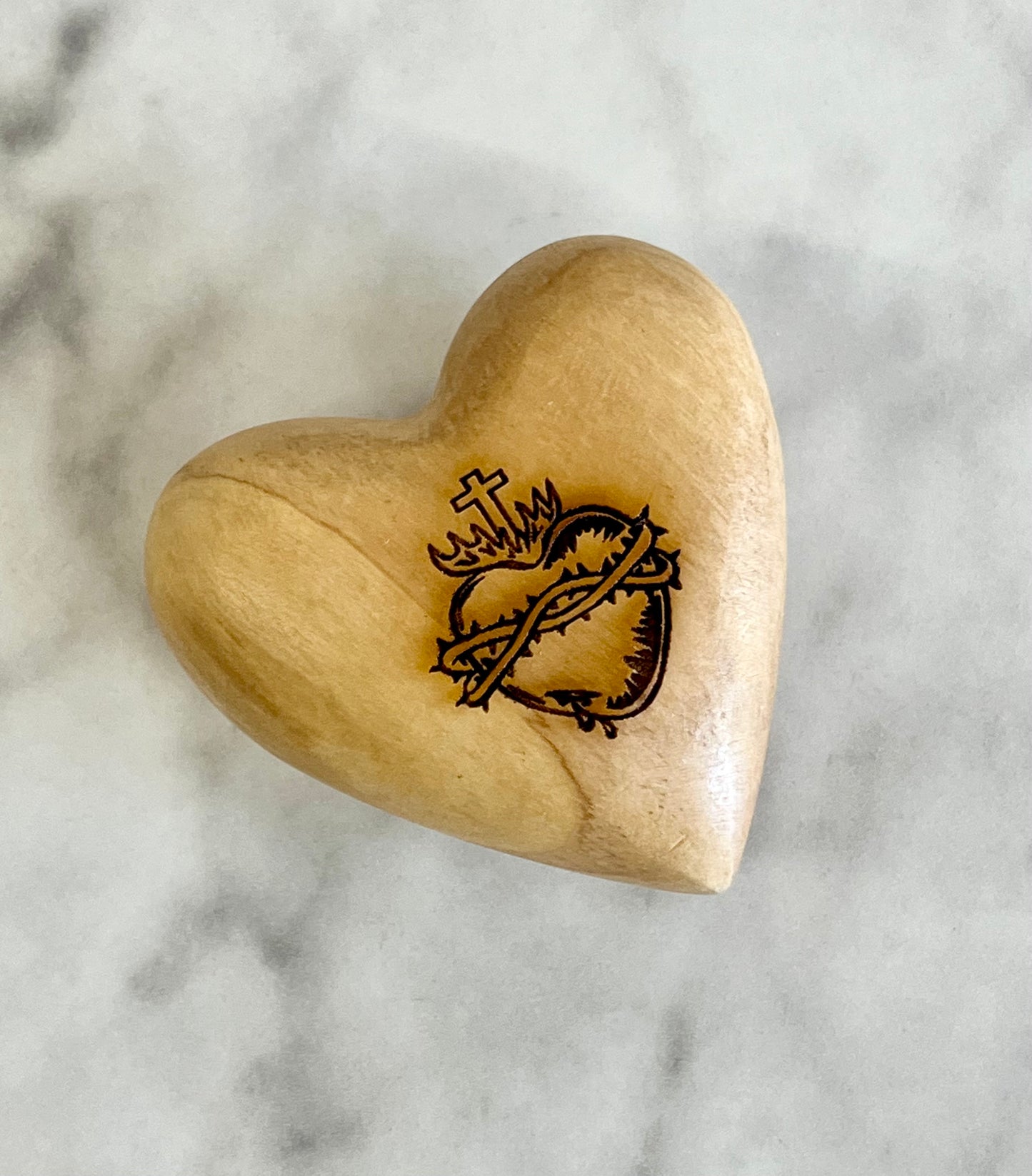 Large Comfort Heart with Sacred Heart of Jesus - Olive Wood from Bethlehem - Fits In The Palm Of Your Hand