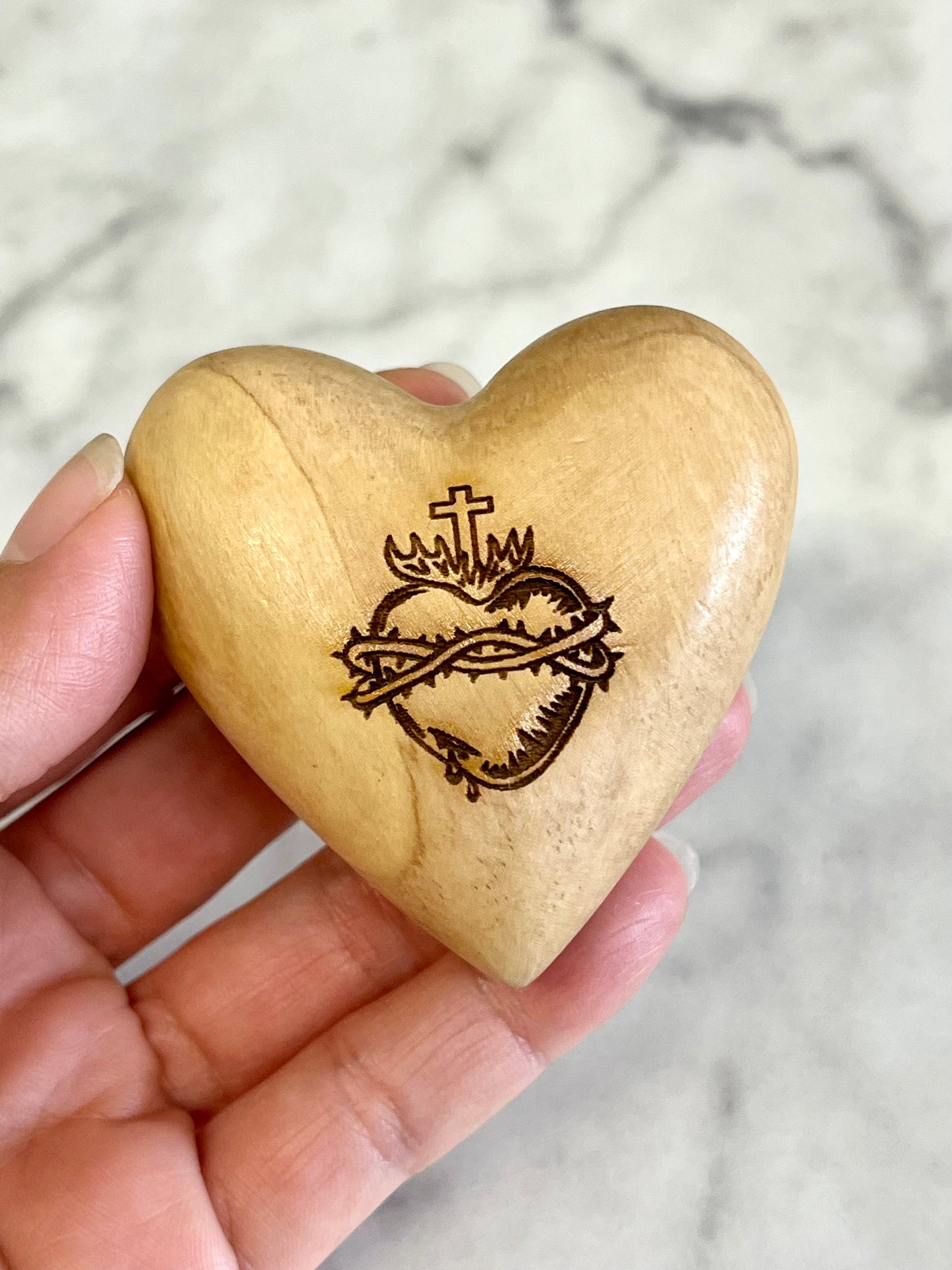 Large Comfort Heart with Sacred Heart of Jesus - Olive Wood from Bethlehem - Fits In The Palm Of Your Hand