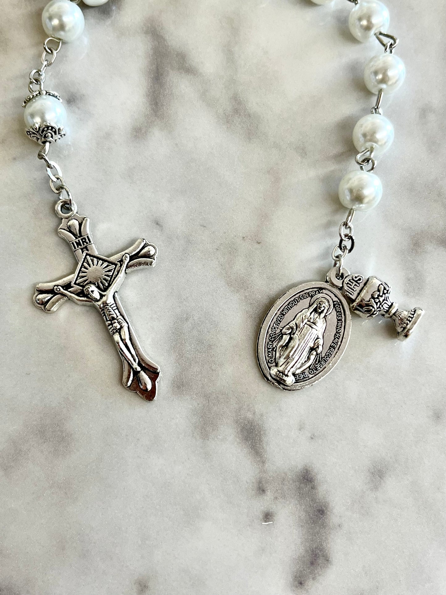 First Communion White Bead One Decade Rosary for Girl