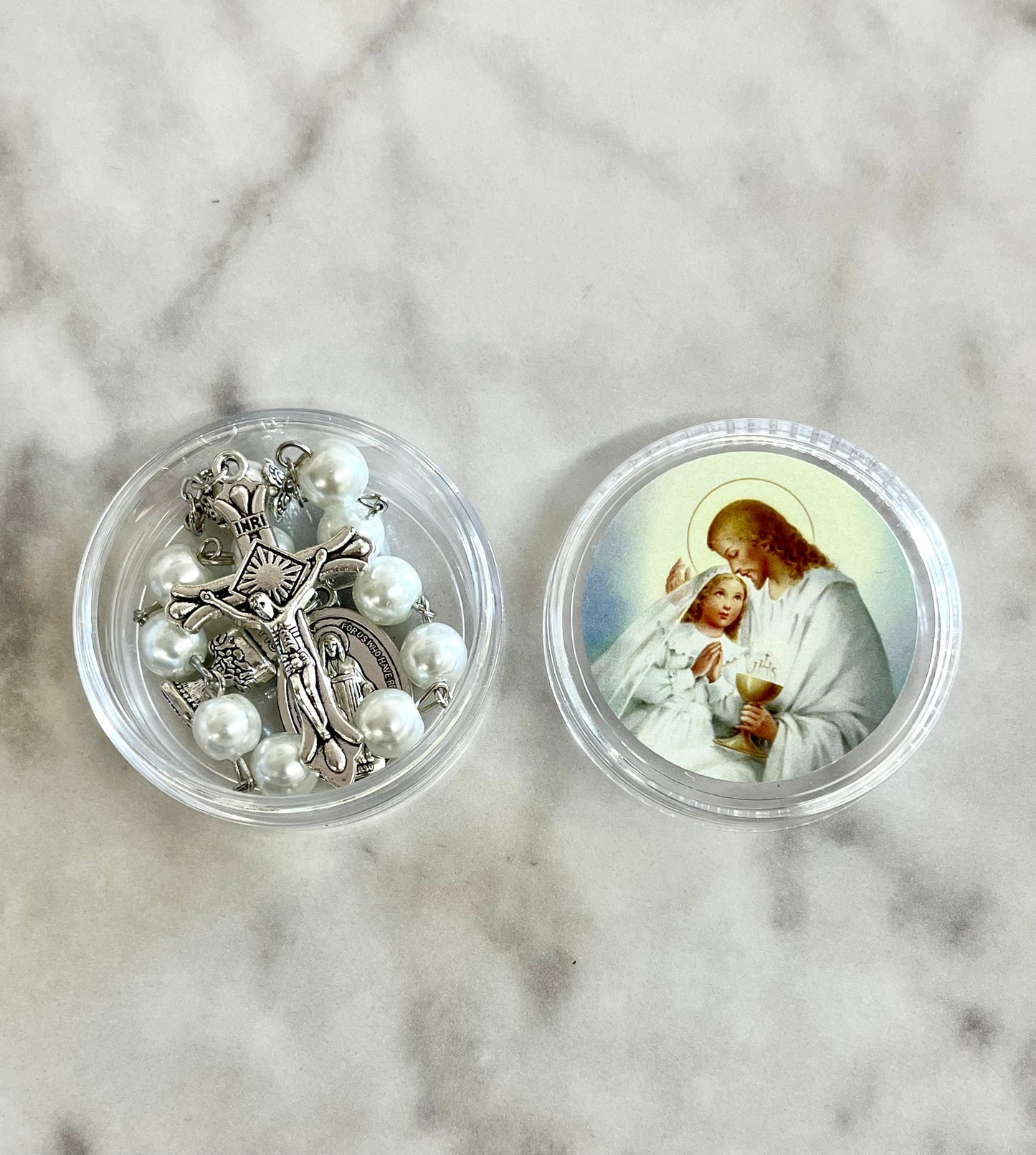 First Communion White Bead One Decade Rosary for Girl