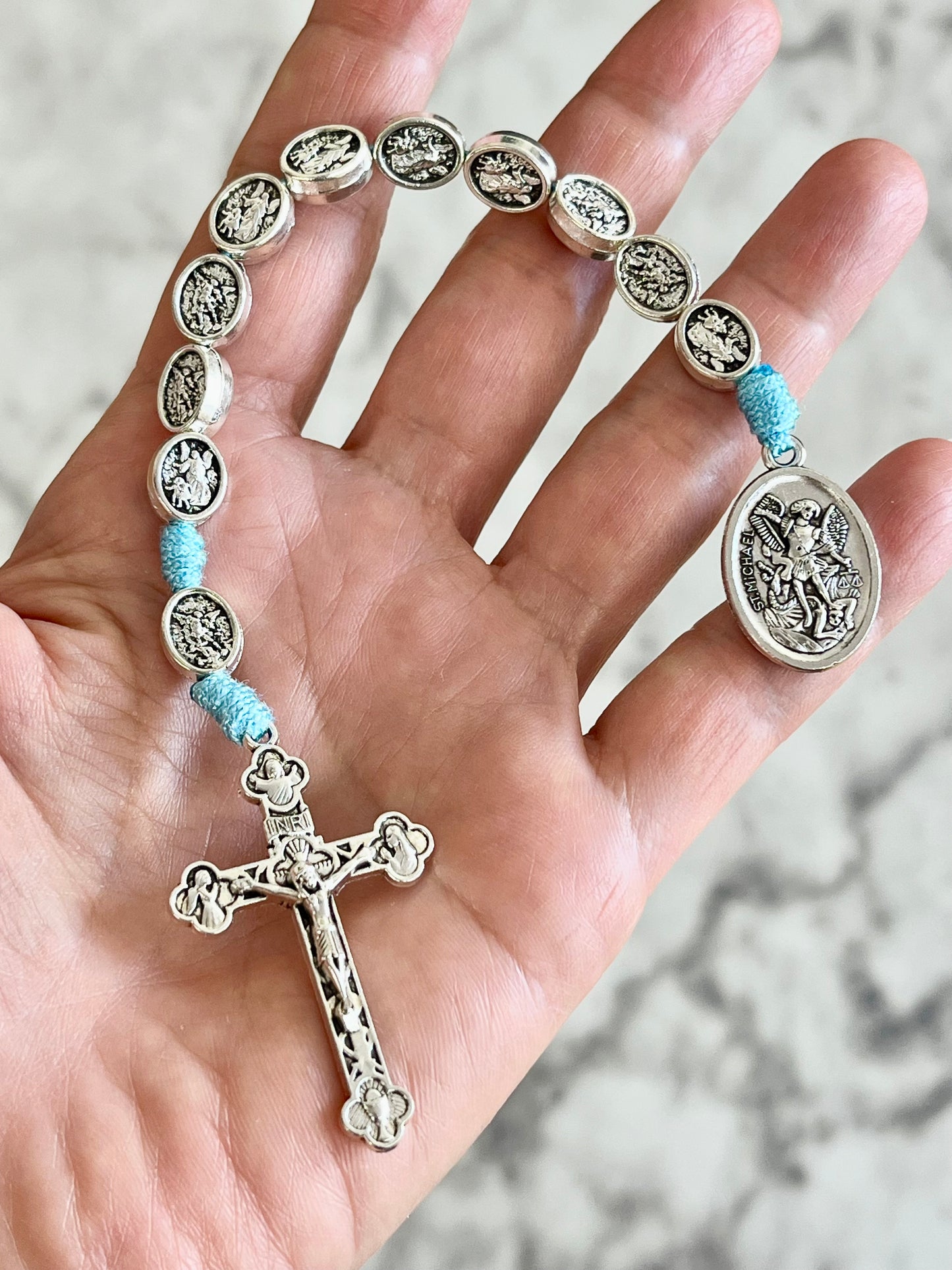 Guardian Angel St. Michael One Decade Small Medal Rosary with Light Blue Cord