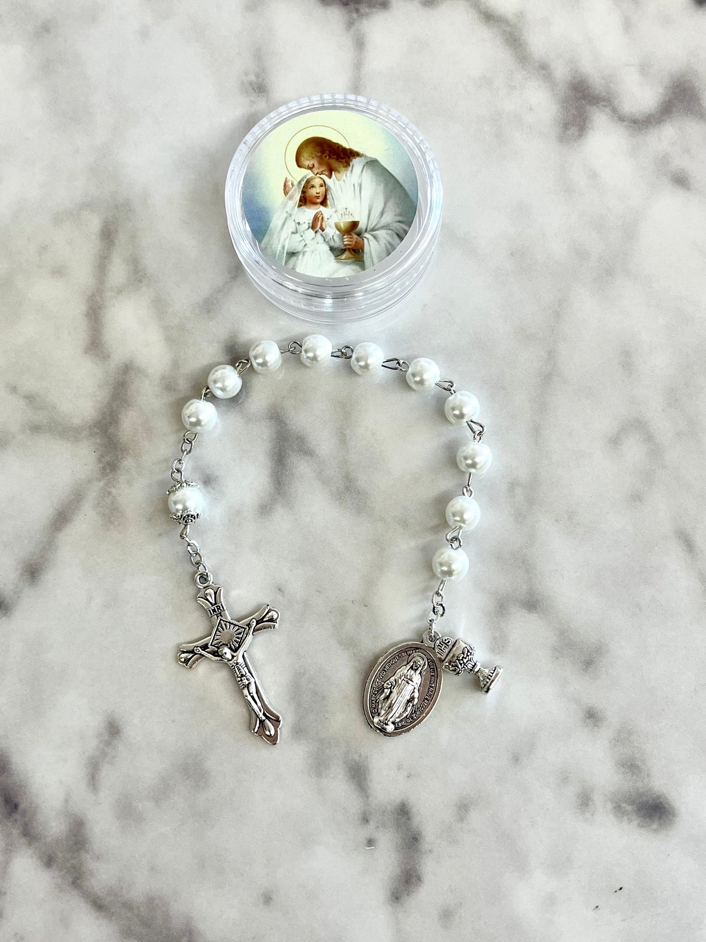 First Communion White Bead One Decade Rosary for Girl