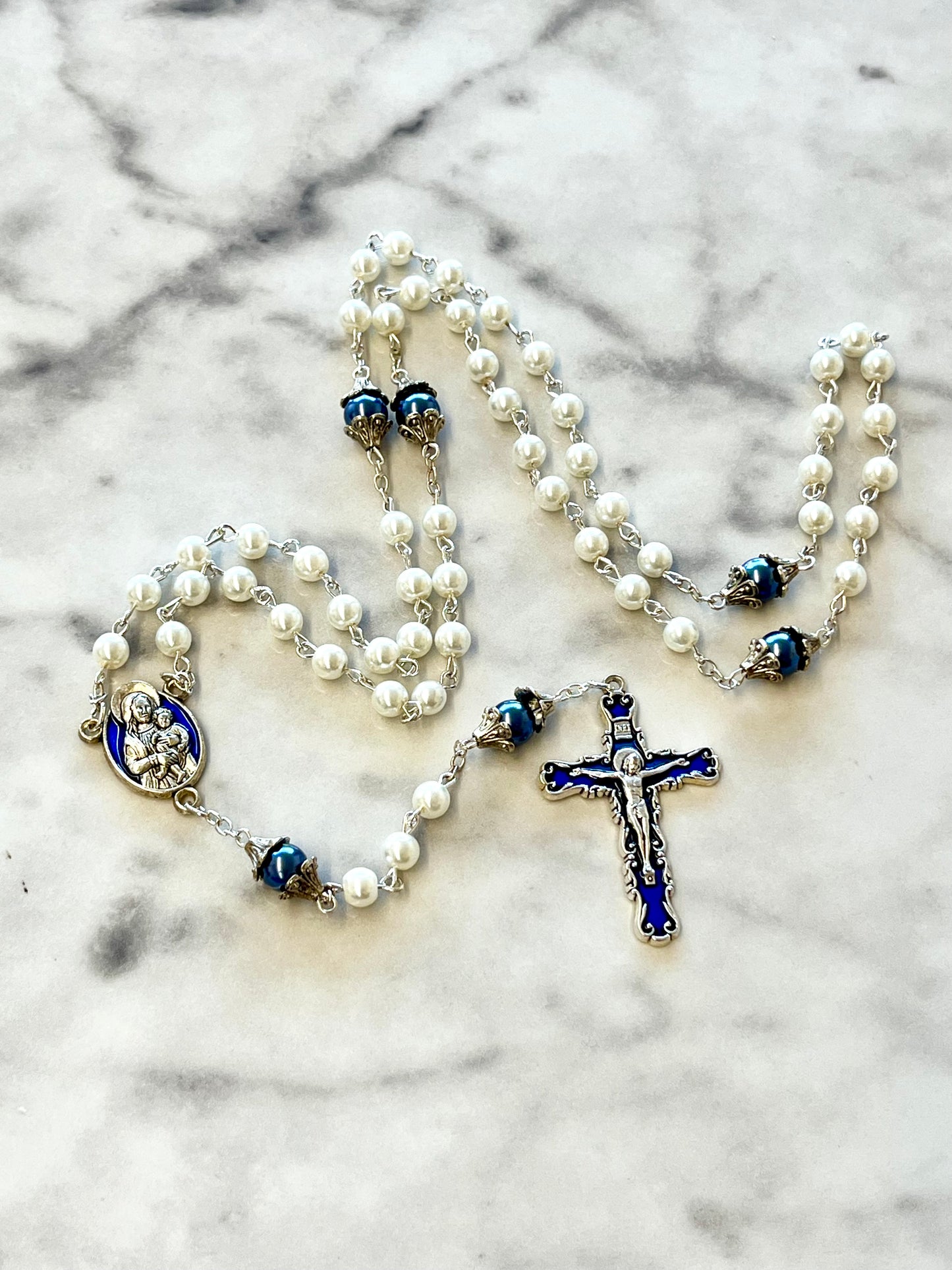 White with Blue 'Pearl' Madonna and Child Acrylic Rosary