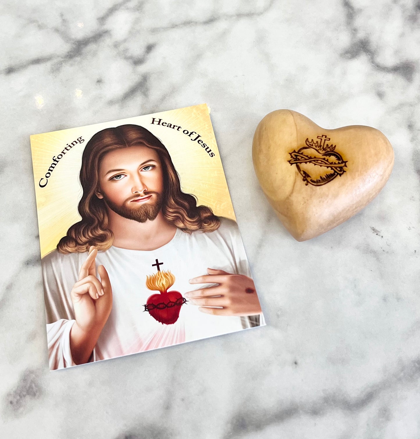 Large Comfort Heart with Sacred Heart of Jesus - Olive Wood from Bethlehem - Fits In The Palm Of Your Hand