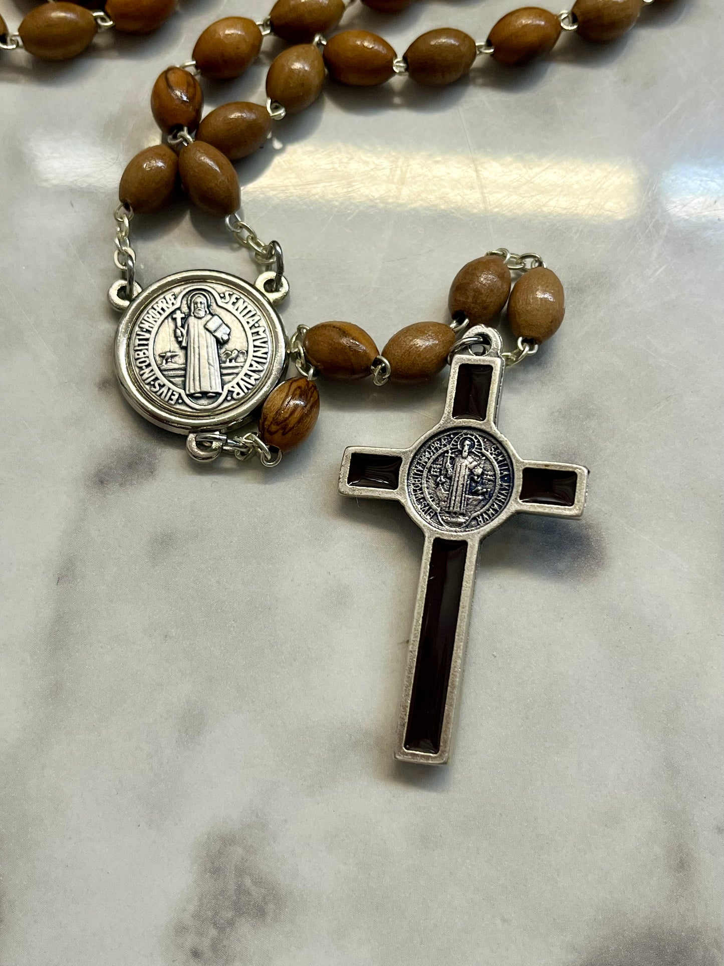 St. Benedict Olive Wood & Brown Enamel Rosary – A Timeless Symbol of Faith and Protection