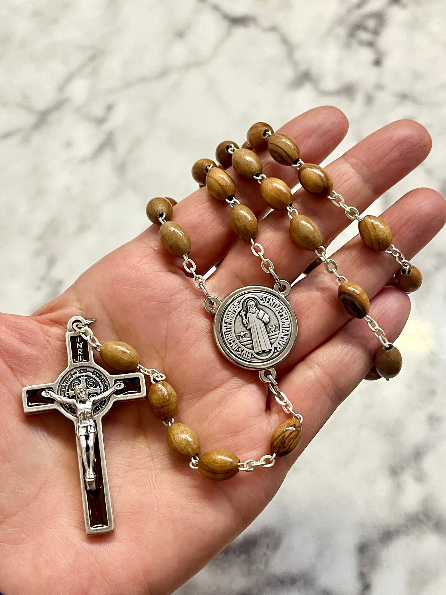 St. Benedict Olive Wood & Brown Enamel Rosary – A Timeless Symbol of Faith and Protection