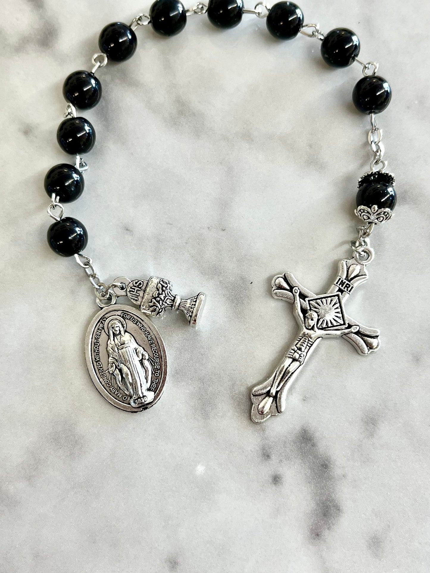 First Communion Black Bead One Decade Rosary for Boy