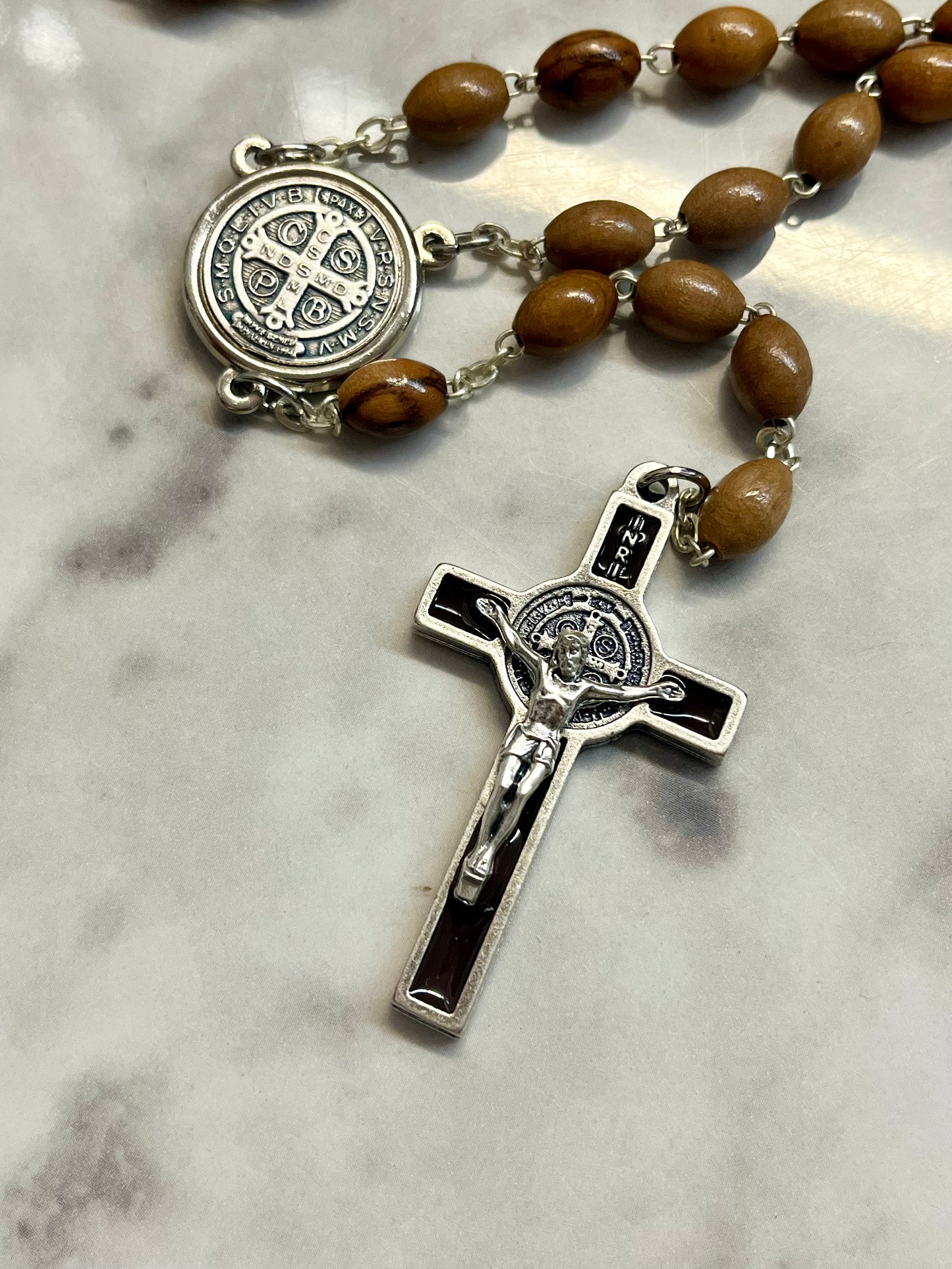 St. Benedict Olive Wood & Brown Enamel Rosary – A Timeless Symbol of Faith and Protection