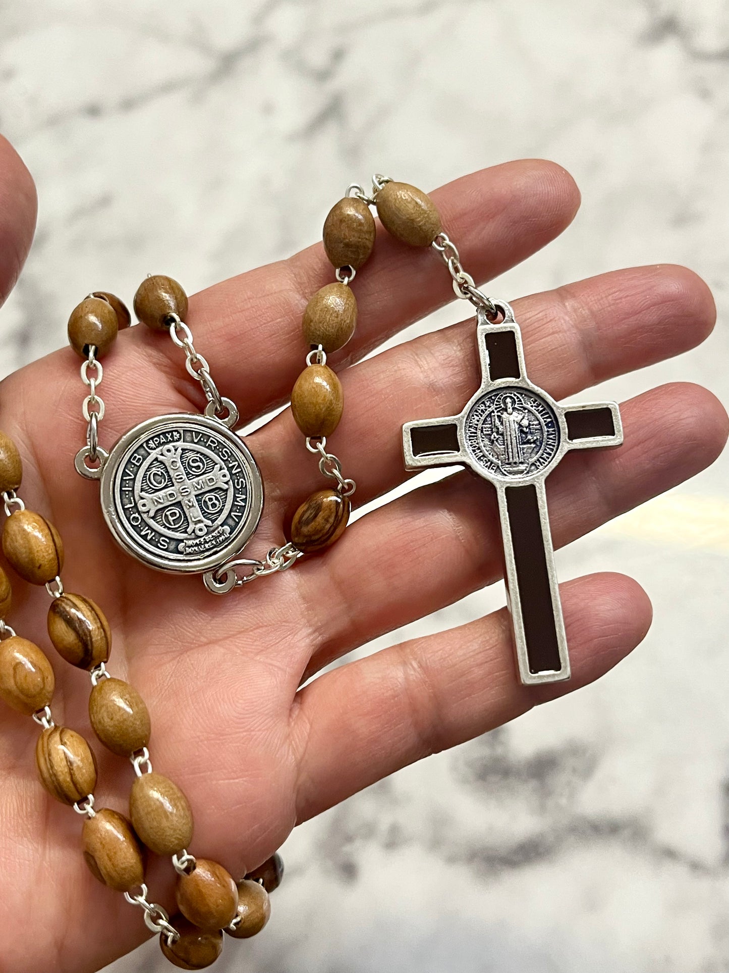 St. Benedict Olive Wood & Brown Enamel Rosary – A Timeless Symbol of Faith and Protection