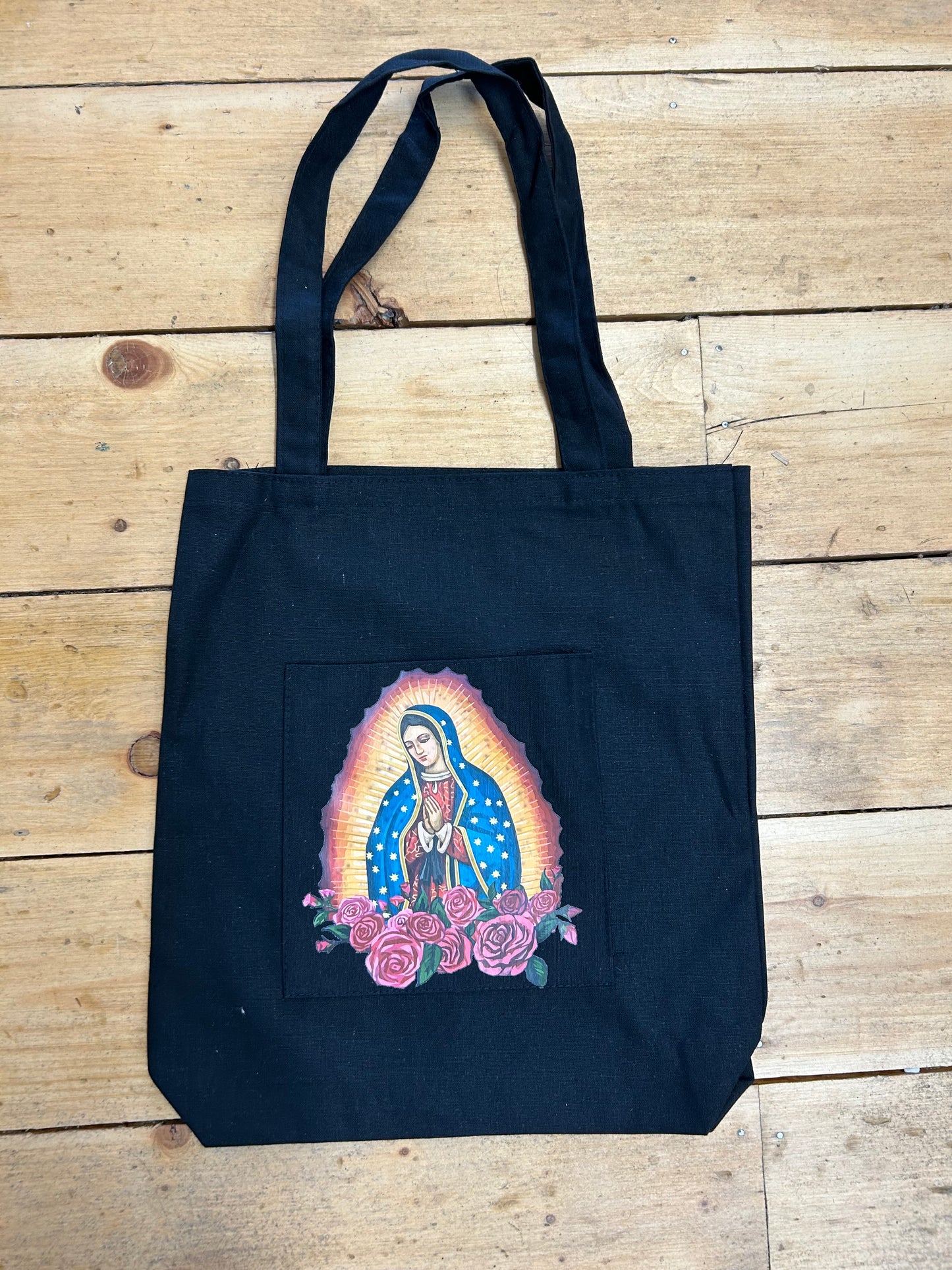 Our Lady of Guadalupe Black Canvas Tote Bag with Pocket