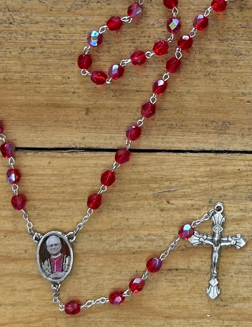 Pope Leo XIV Red Rosary with Photo Center and Prayer Card