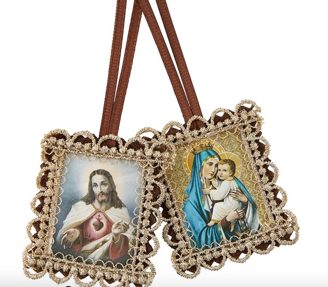 Gold Scallop Border Brown Scapular – Sacred Heart of Jesus & Our Lady of Mount Carmel