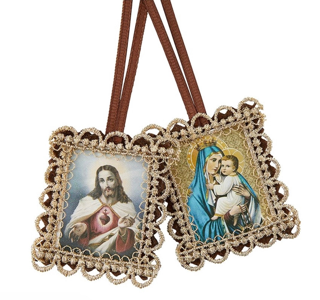 Gold Scallop Border Brown Scapular – Sacred Heart of Jesus & Our Lady of Mount Carmel