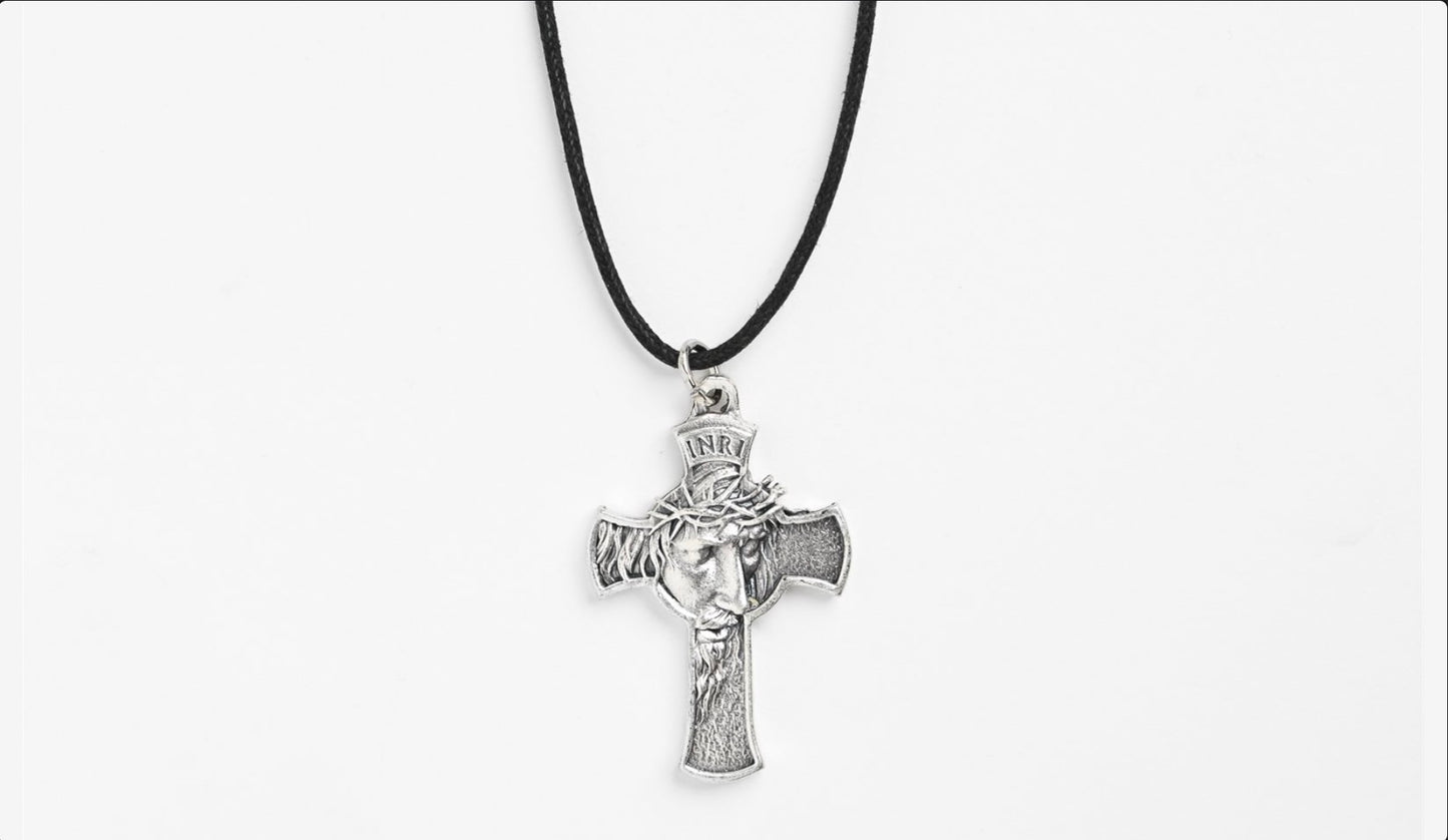 Cross Necklace with the Face of Christ on Corded String - 2 inches x 1.5 inches
