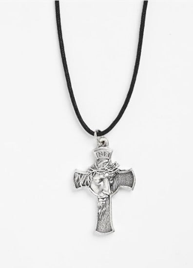 Cross Necklace with the Face of Christ on Corded String - 2 inches x 1.5 inches