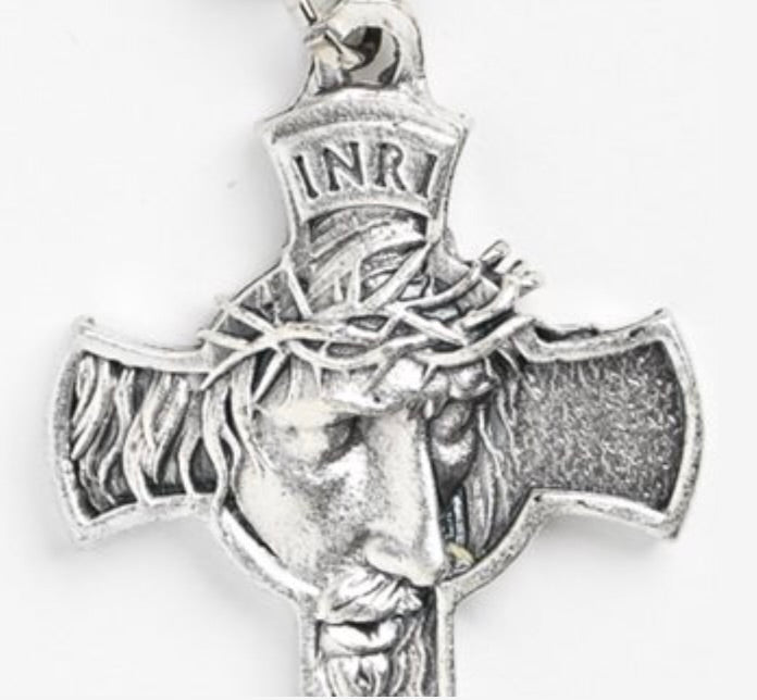 Cross Necklace with the Face of Christ on Corded String - 2 inches x 1.5 inches