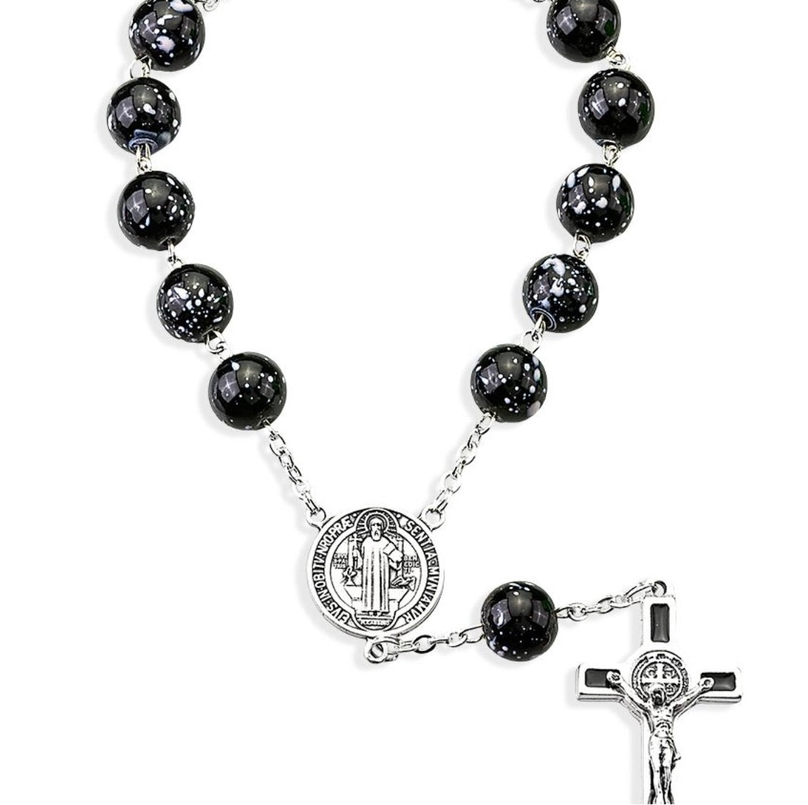 St. Benedict Black Glass Bead Auto Rosary