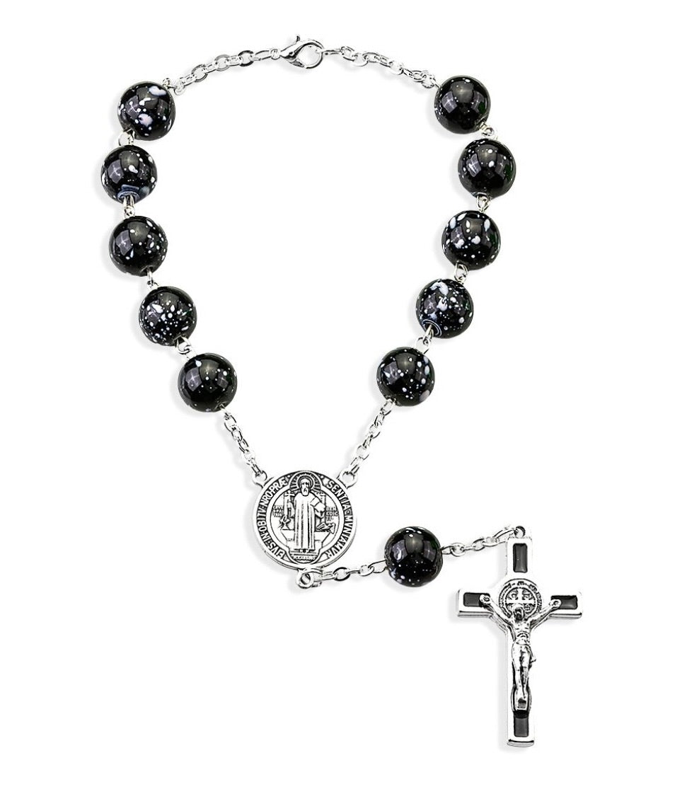 St. Benedict Black Glass Bead Auto Rosary