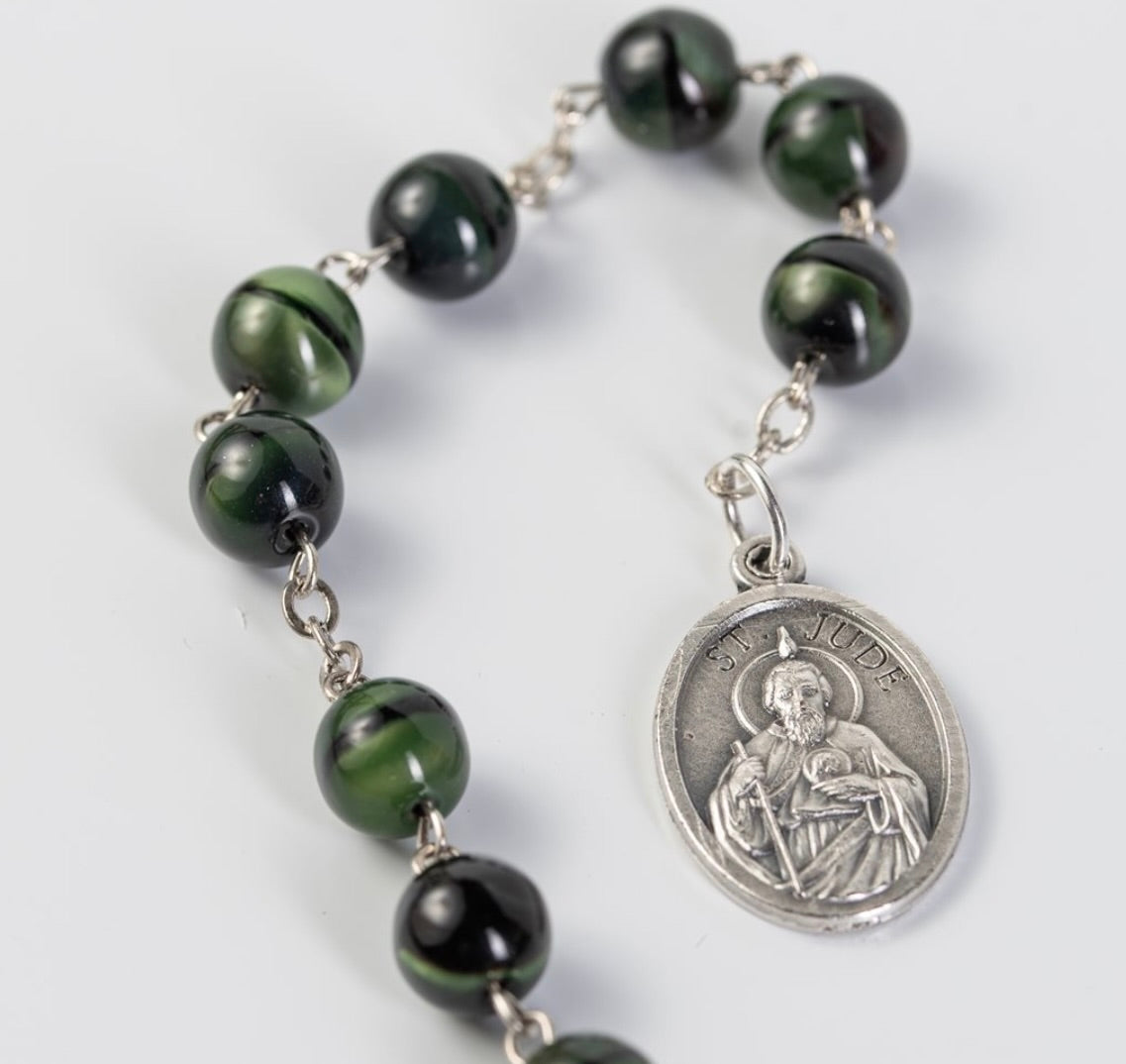 St. Jude Rosary Chaplet with Green Marbled Beads