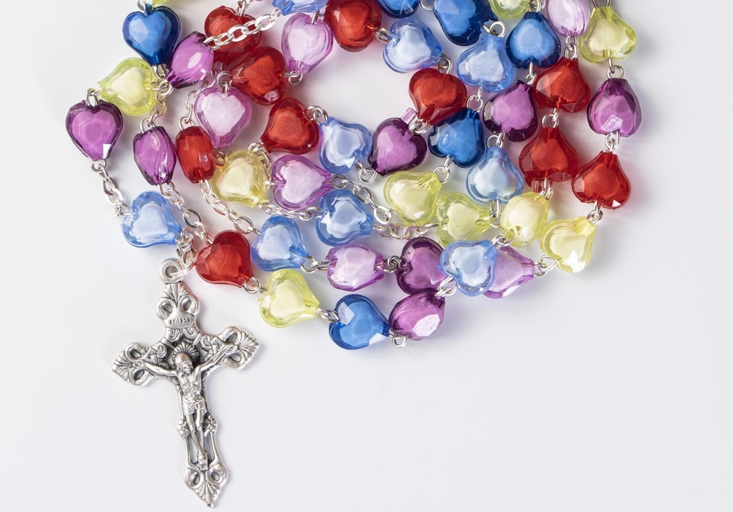 Multi-Coloured Heart-Shaped Rosary with Miraculous Medal Center in Latin
