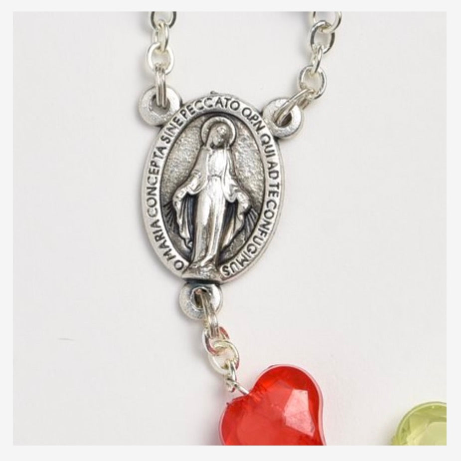 Multi-Coloured Heart-Shaped Rosary with Miraculous Medal Center in Latin