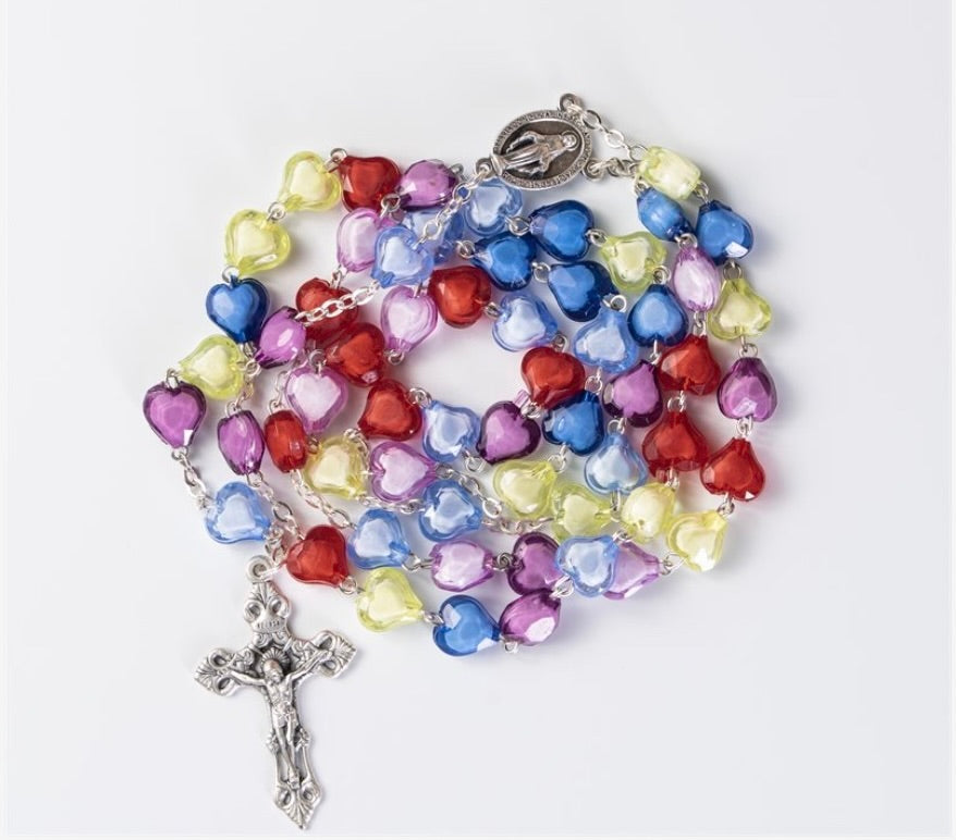 Multi-Coloured Heart-Shaped Rosary with Miraculous Medal Center in Latin
