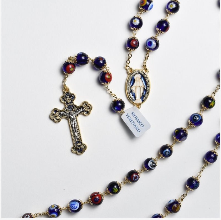 Venetian Glass Rosary with Brilliant Blue and Gold-Trimmed Crucifix and Miraculous Medal Center