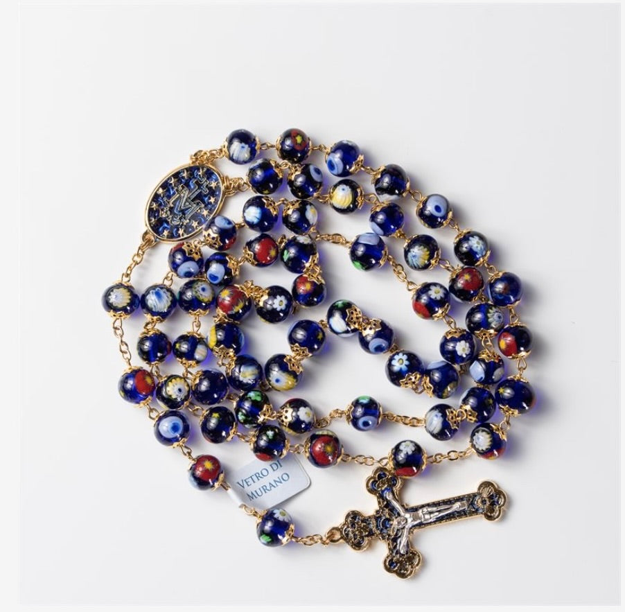 Venetian Glass Rosary with Brilliant Blue and Gold-Trimmed Crucifix and Miraculous Medal Center