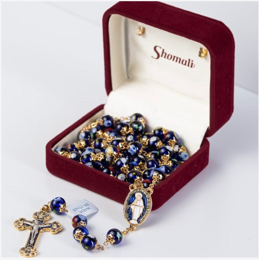 Venetian Glass Rosary with Brilliant Blue and Gold-Trimmed Crucifix and Miraculous Medal Center