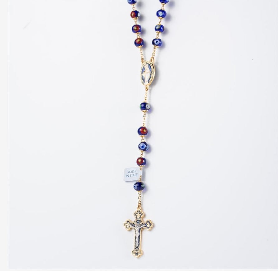 Venetian Glass Rosary with Brilliant Blue and Gold-Trimmed Crucifix and Miraculous Medal Center