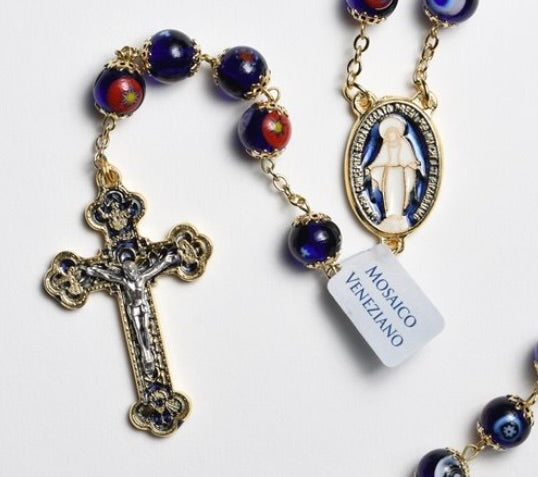 Venetian Glass Rosary with Brilliant Blue and Gold-Trimmed Crucifix and Miraculous Medal Center