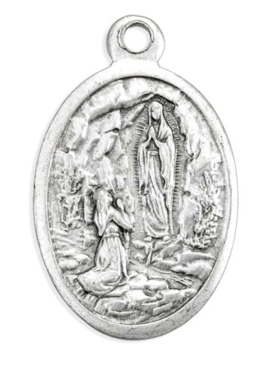1" Oval Antiqued Silver Oxidized St. Bernadette and Our Lady of Lourdes Medal
