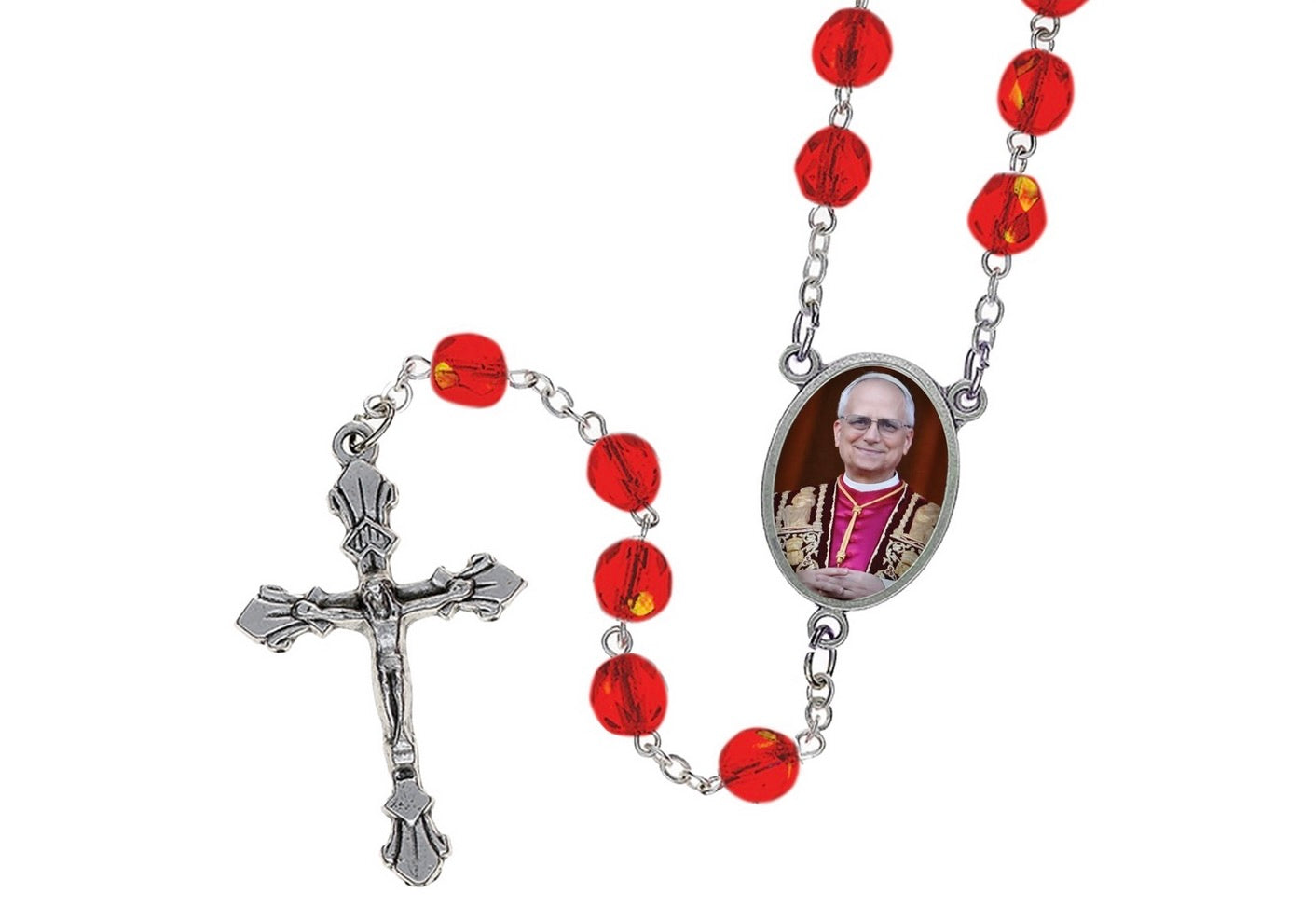 Pope Leo XIV Red Rosary with Photo Center and Prayer Card