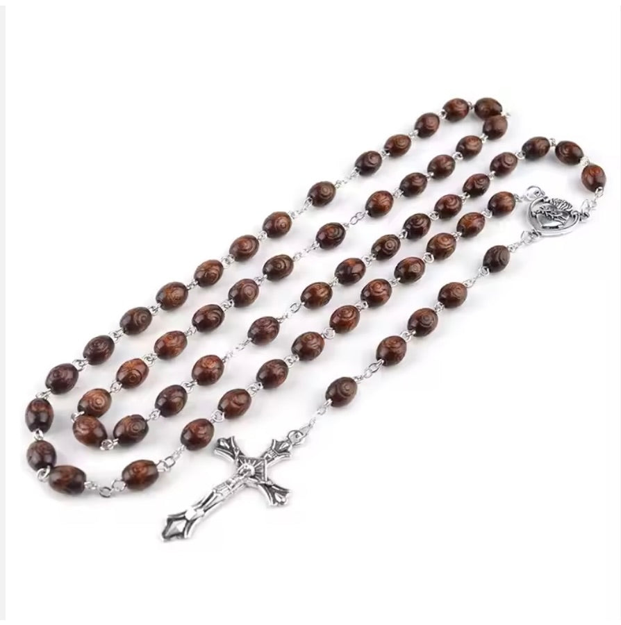 Sacrificial Heart of Jesus Rosary – Carved Oval Brown Wood Beads