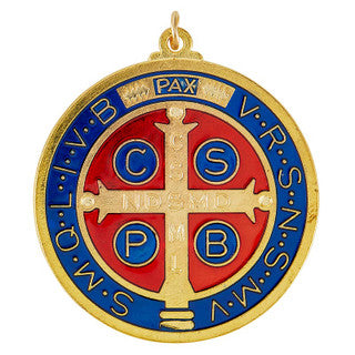 1-3/4" St. Benedict Enameled Gold Medal – Vibrant Red & Blue Design