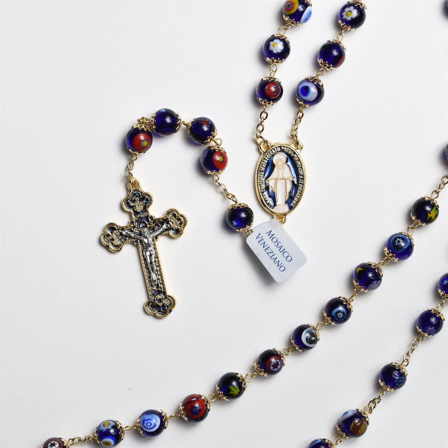 Venetian Glass Rosary with Brilliant Blue and Gold-Trimmed Crucifix and Miraculous Medal Center