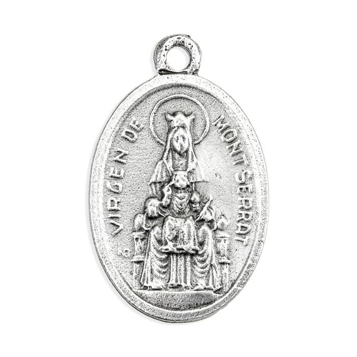 1" Oval Oxidized Our Lady of Montserrat / Sacred Heart of Jesus Medal