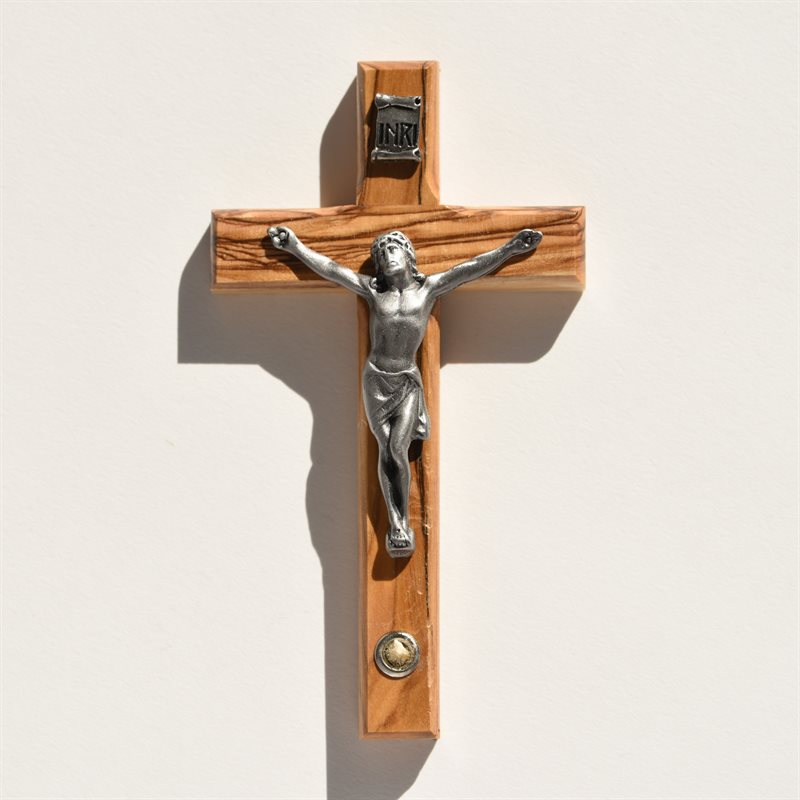 5" Olive Wood Crucifix with Bethlehem Stone and Pewter Corpus