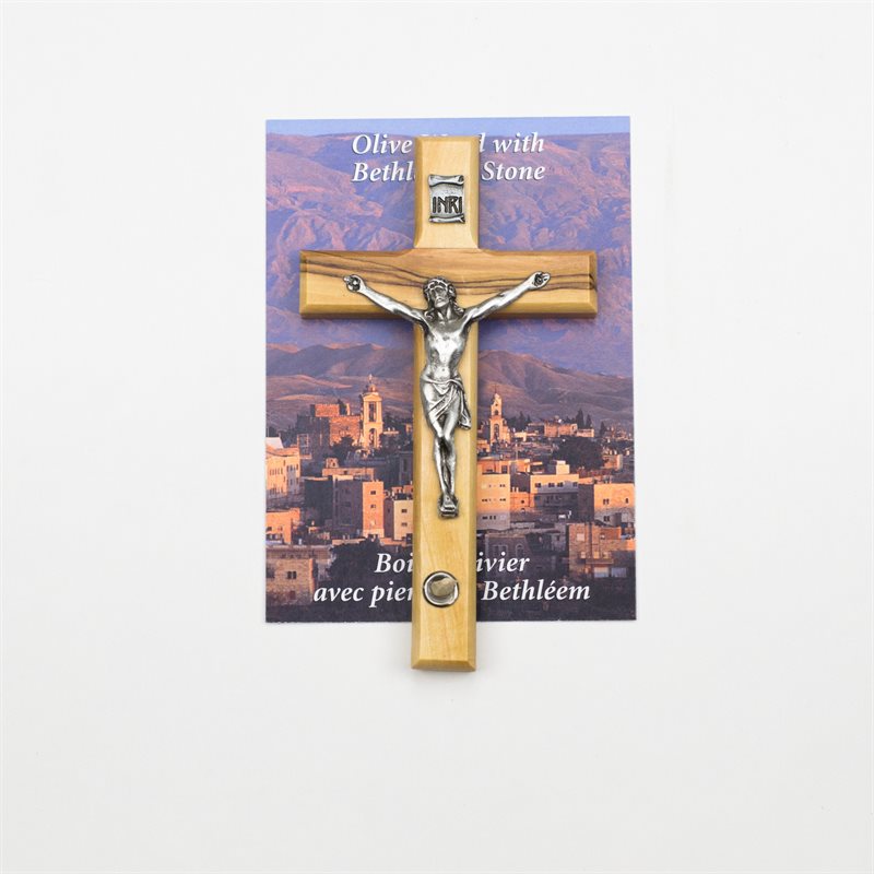 5" Olive Wood Crucifix with Bethlehem Stone and Pewter Corpus