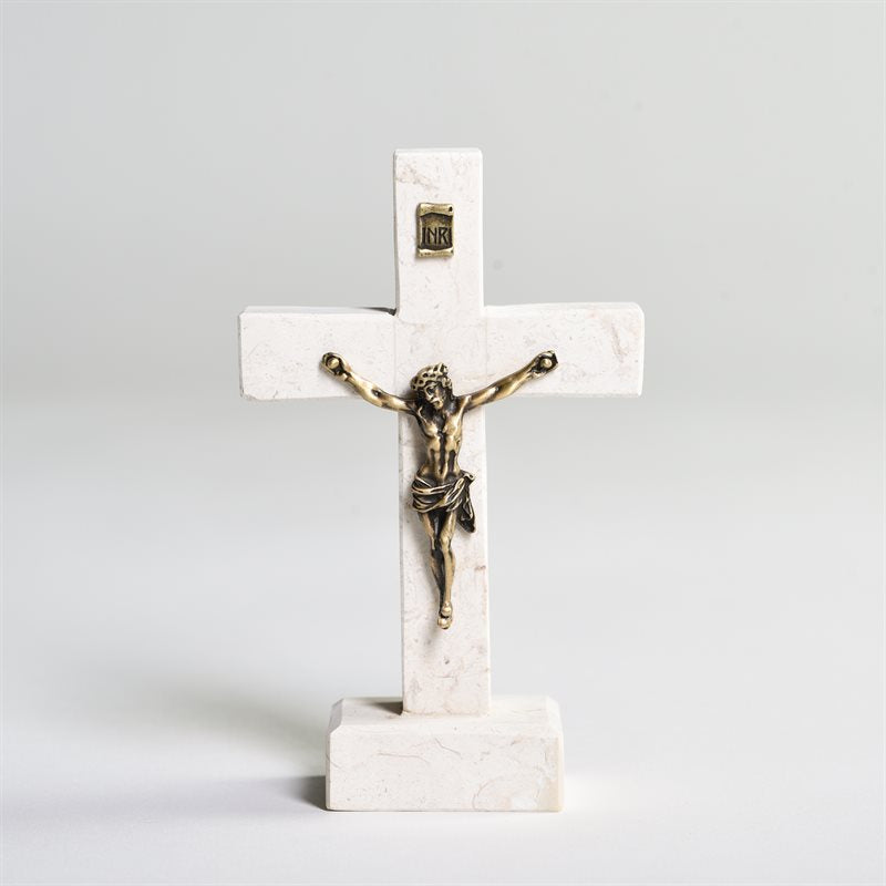 Bethlehem Stone Crucifix on Base with Bronze Pewter Corpus