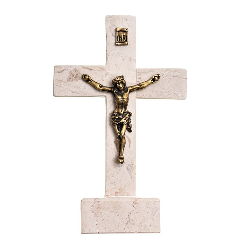 Bethlehem Stone Crucifix on Base with Bronze Pewter Corpus