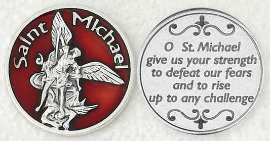 Red Enameled St. Michael with Prayer Italian Style Pocket Coin