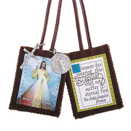 Divine Mercy Brown Wool Scapular with Medals