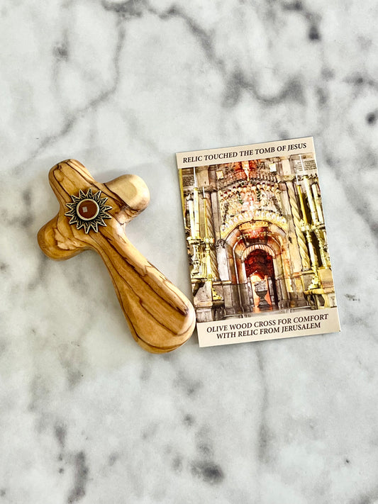 Comfort Cross with Jesus Relic – Olive Wood from Bethlehem