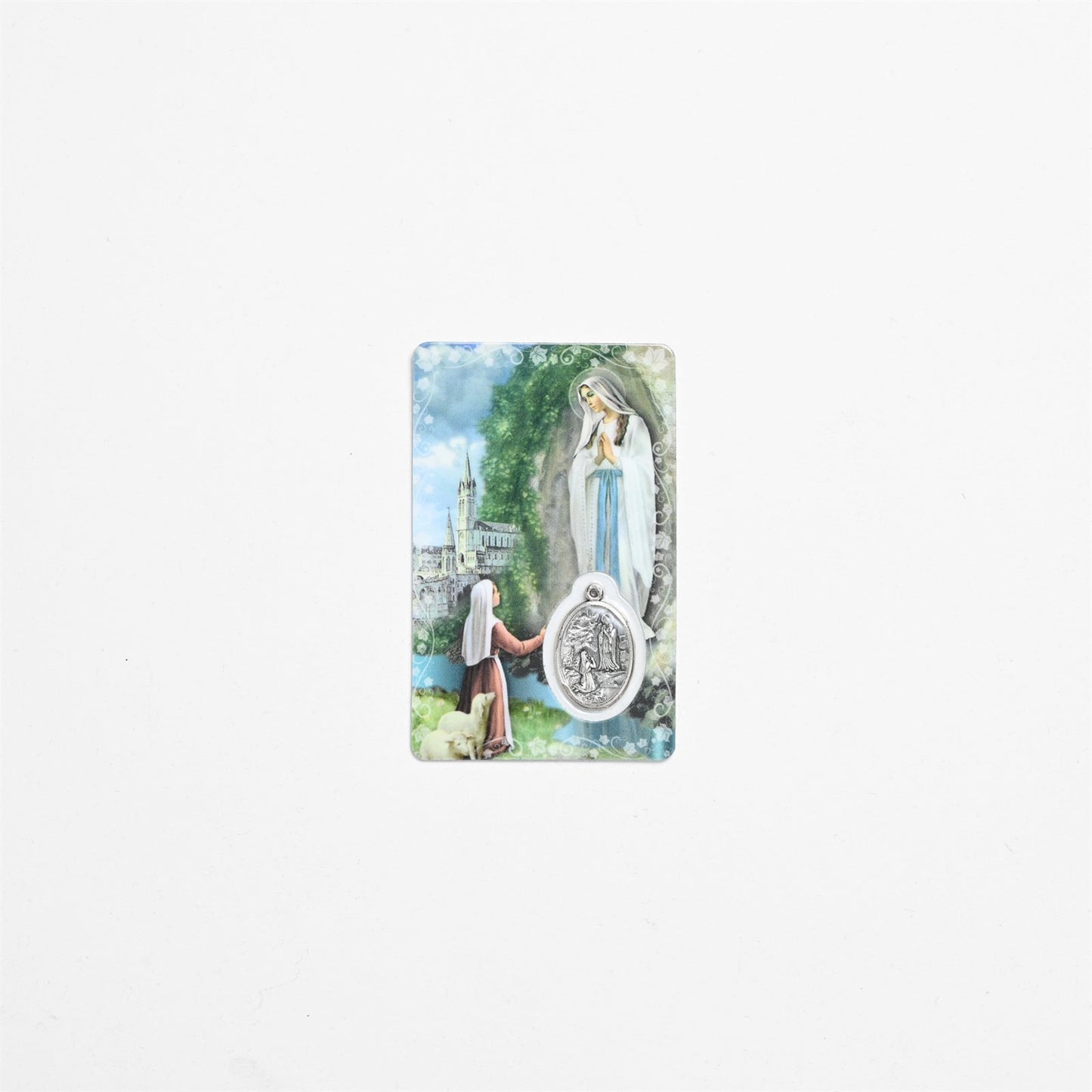 Our Lady of Lourdes Prayer Card with Silver Medal