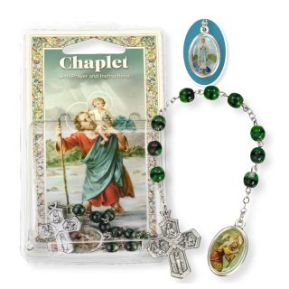 Saint Christopher Chaplet – Green Glass Beads with Our Lady of the Highway Medal
